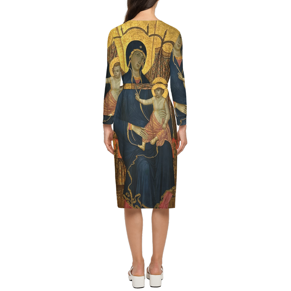Women's Saint Icons Wrap Dress – Luxe Knit Artwear with Gold Byzantine Design
