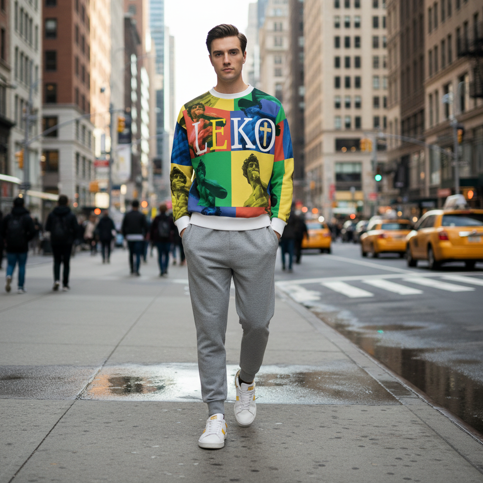 Men’s LEKO Pop Art Sweatshirt – Heavyweight Color Block Streetwear 375g