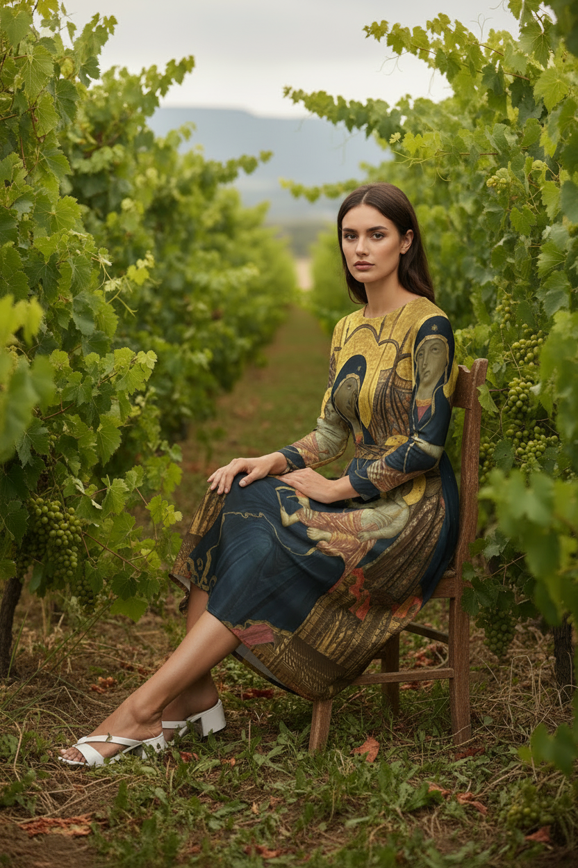 Women's Saint Icons Wrap Dress – Luxe Knit Artwear with Gold Byzantine Design
