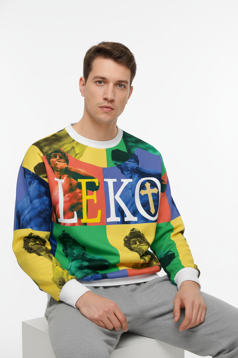 Men’s LEKO Pop Art Sweatshirt – Heavyweight Color Block Streetwear 375g