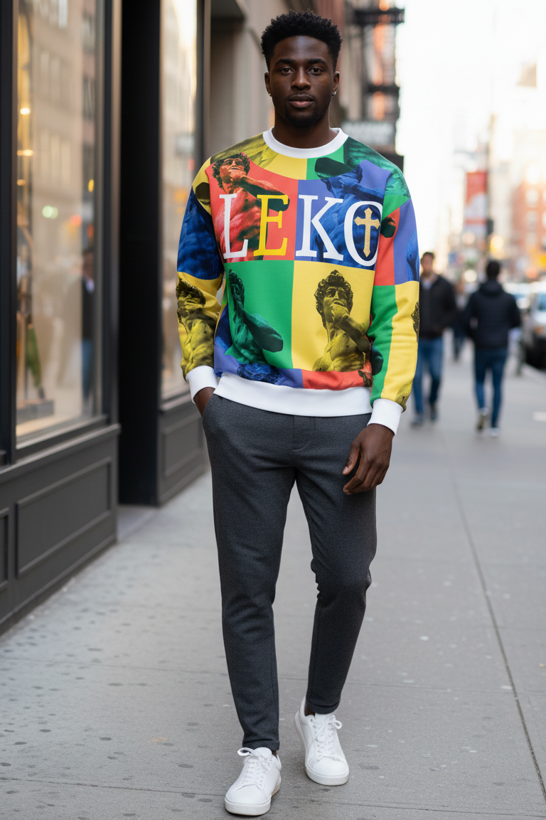 Men’s LEKO Pop Art Sweatshirt – Heavyweight Color Block Streetwear 375g