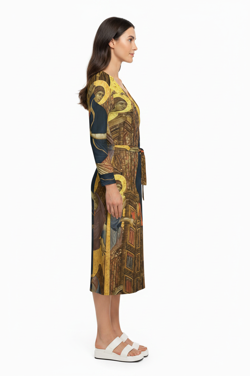 Women's Saint Icons Wrap Dress – Luxe Knit Artwear with Gold Byzantine Design