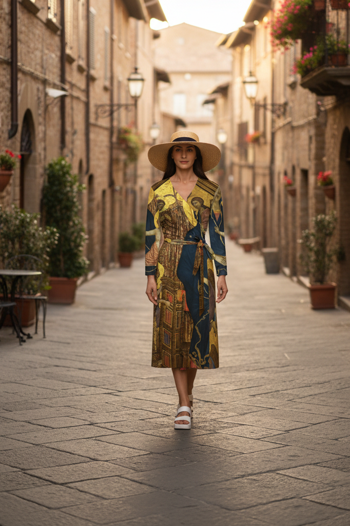 Women's Saint Icons Wrap Dress – Luxe Knit Artwear with Gold Byzantine Design