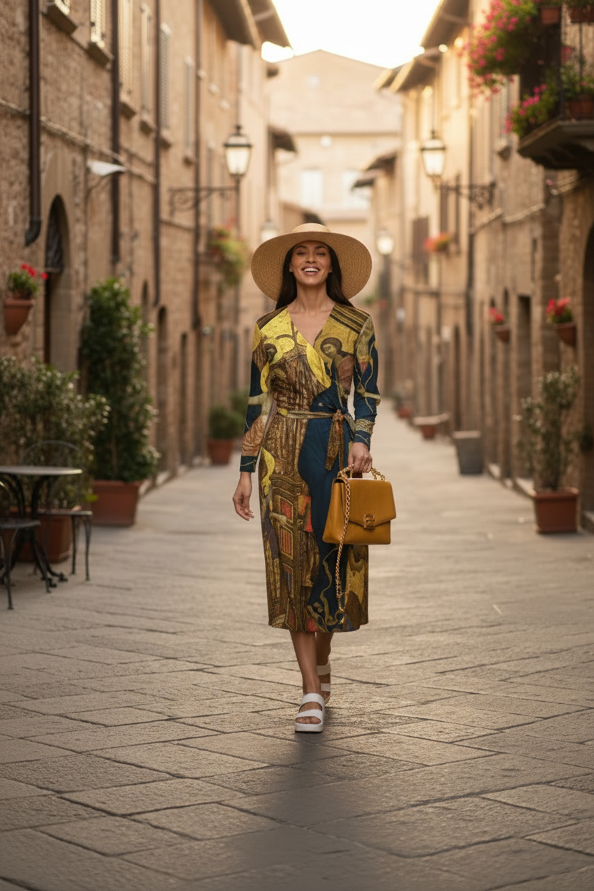 Women's Saint Icons Wrap Dress – Luxe Knit Artwear with Gold Byzantine Design